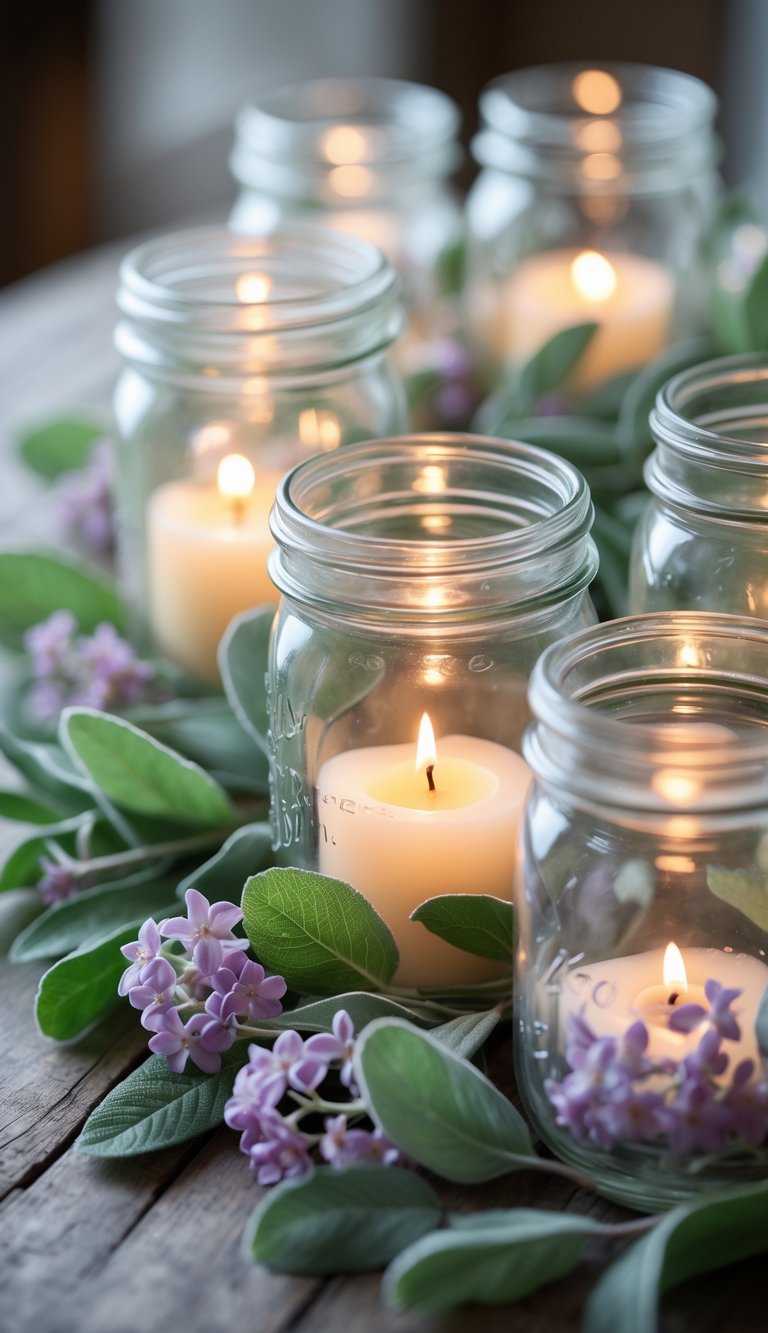 Mason jar candle holders with lit candles surrounded by sage green leaves and lilac flowers on a wooden surface.