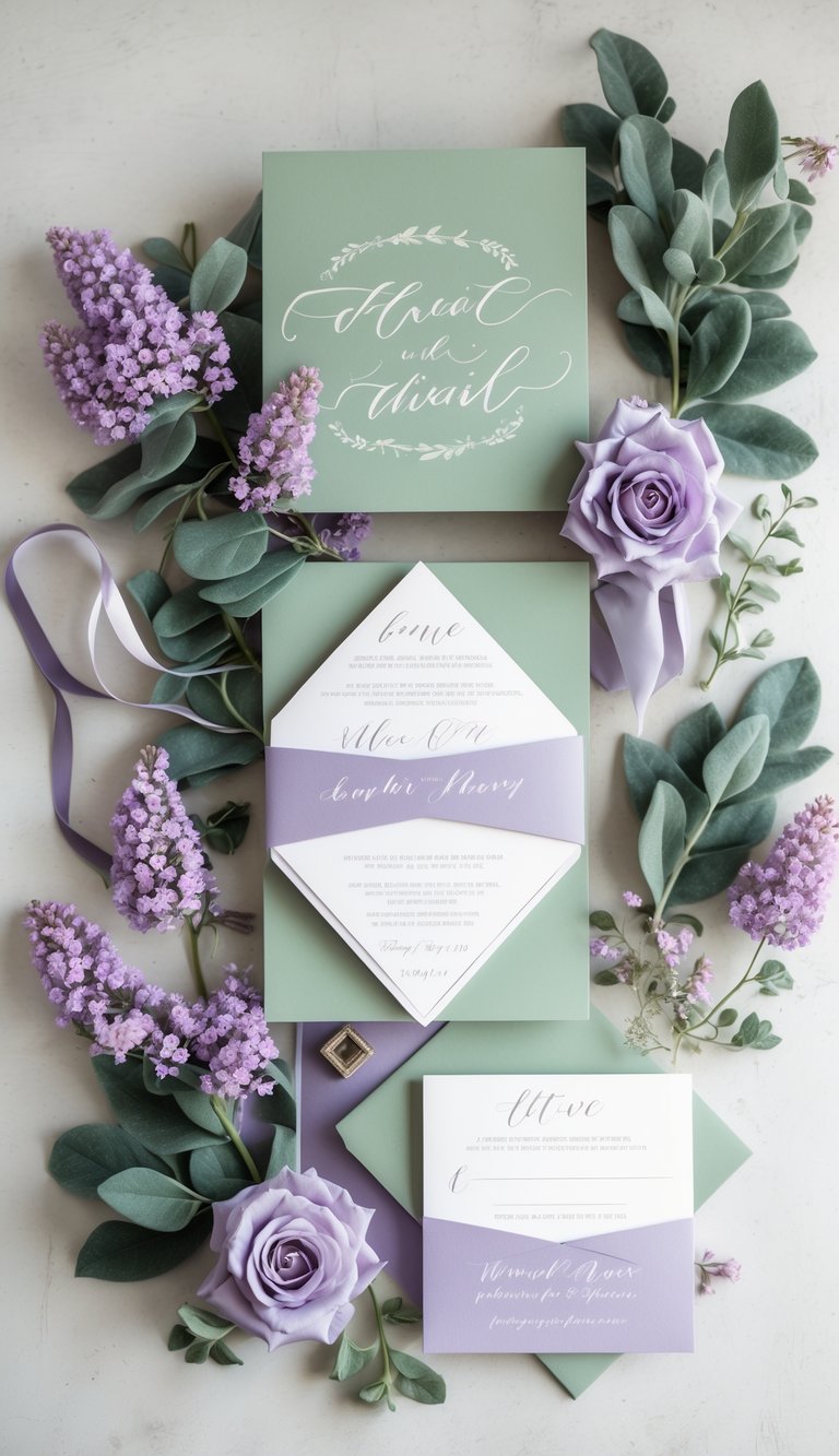 A set of wedding invitations in sage green and lilac surrounded by matching flowers and foliage on a neutral surface.