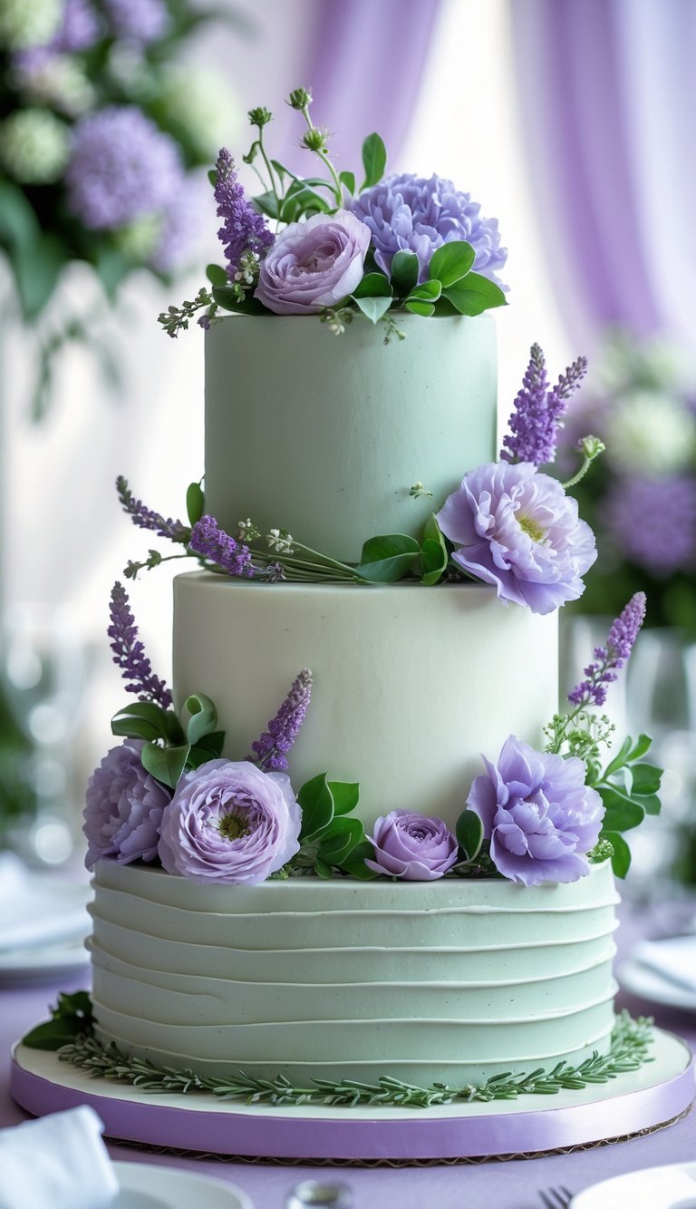 A multi-tiered wedding cake decorated with fresh lavender, lilac, and sage green flowers and foliage.