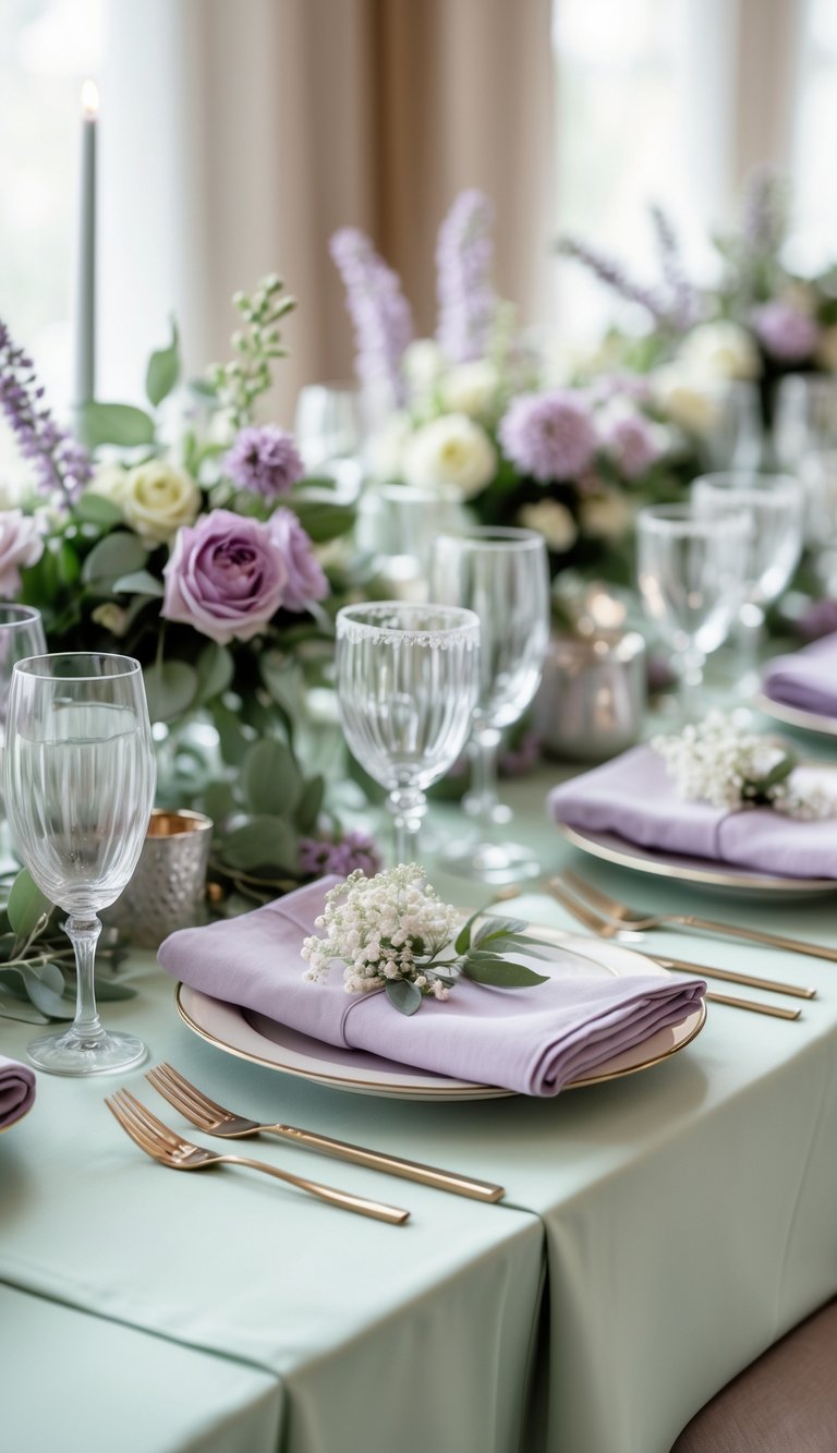 A wedding table set with sage green tablecloth and lilac napkins, decorated with flowers and tableware.
