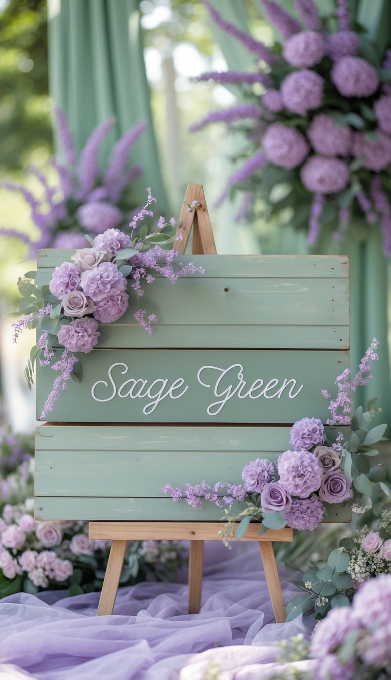 A rustic wooden sign painted sage green surrounded by lilac and sage green wedding decorations and flowers.