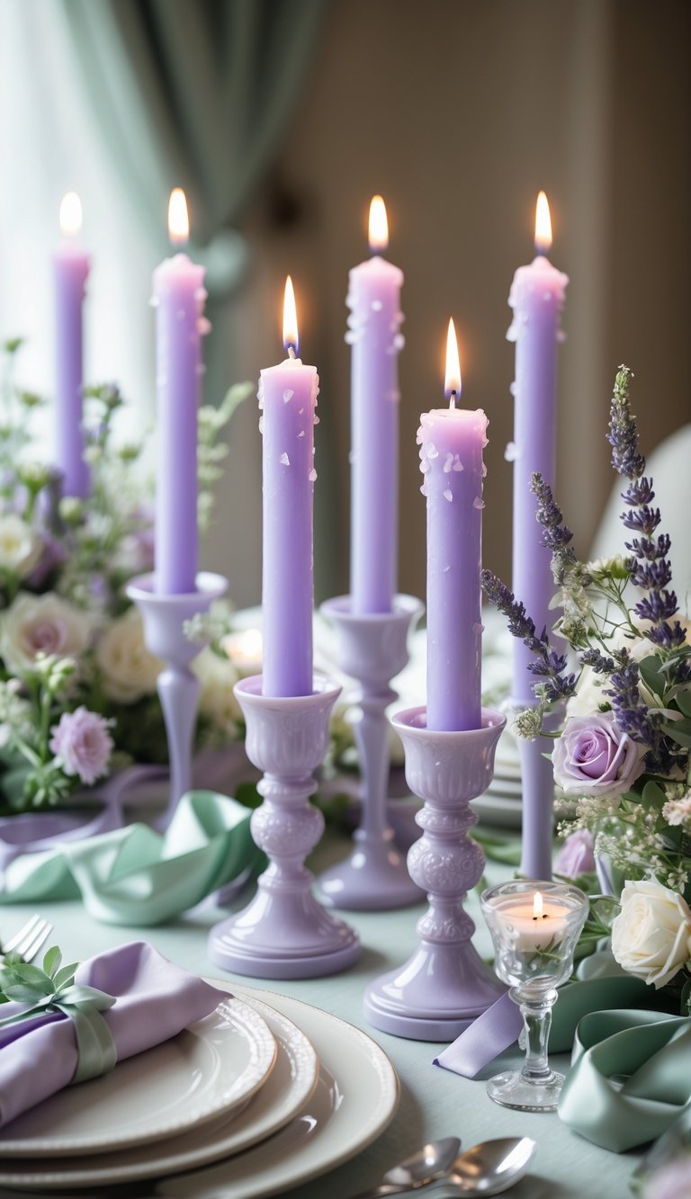 Table decorated with lavender-scented candles in lilac holders surrounded by sage green and lilac wedding decor.