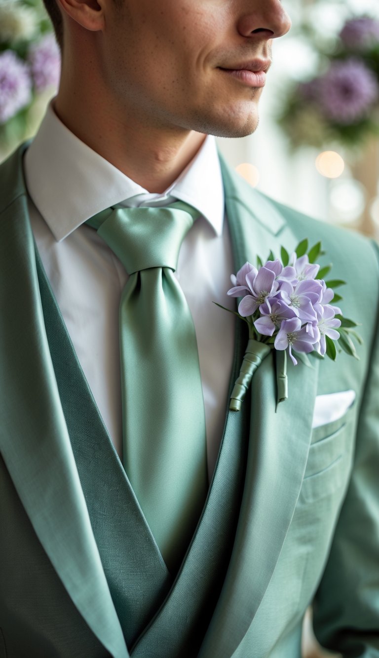 Close-up of a sage green tuxedo tie with a lilac boutonniere pinned on the lapel at a wedding.