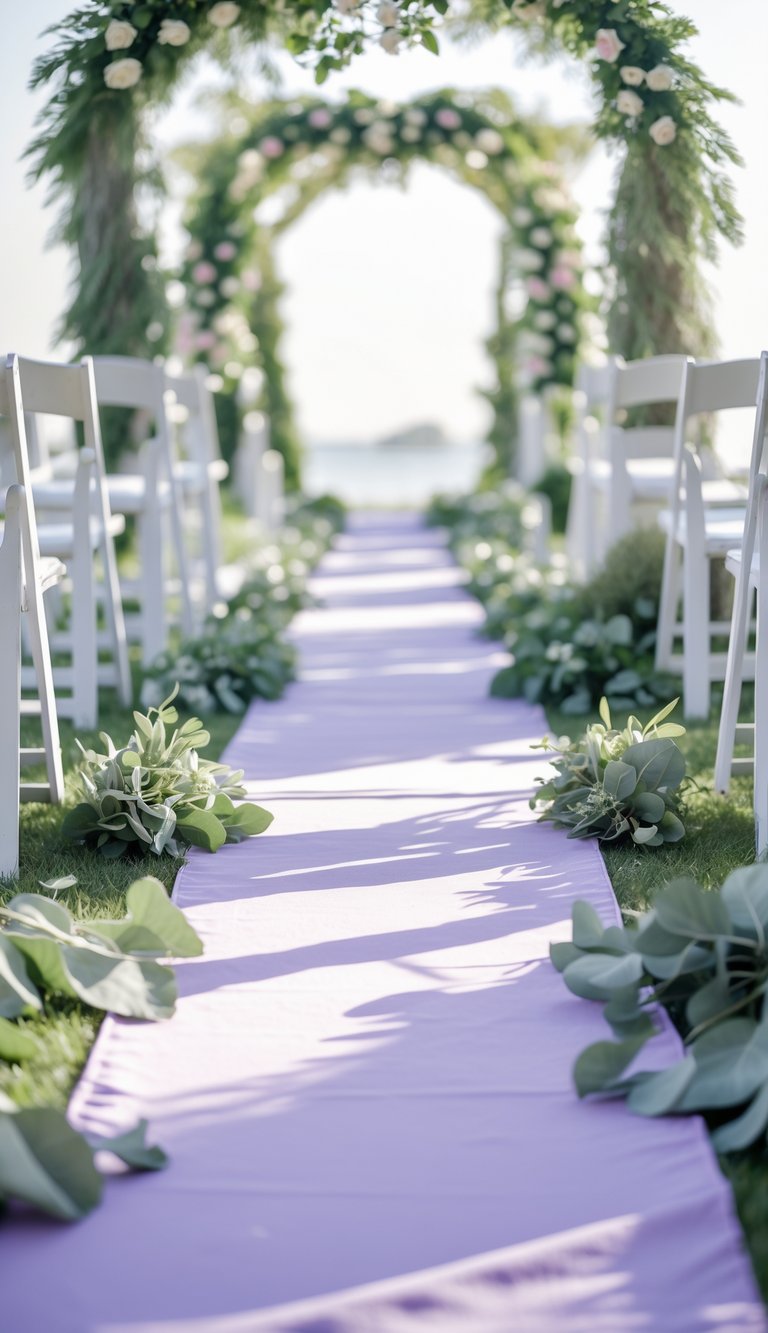 Wedding aisle with soft lilac runner and sage green leaf garlands lining the sides.