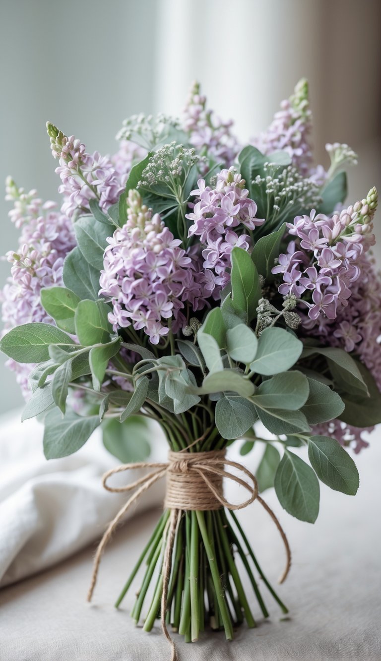 A hand-tied bouquet of lilac flowers and sage green leaves resting on a neutral surface.