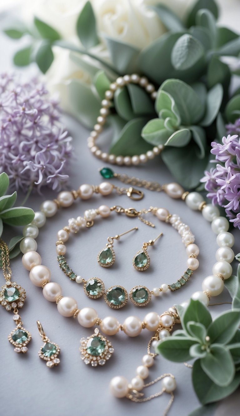A close-up of pearl and sage green jewelry displayed with lilac and sage green flowers on a soft background.