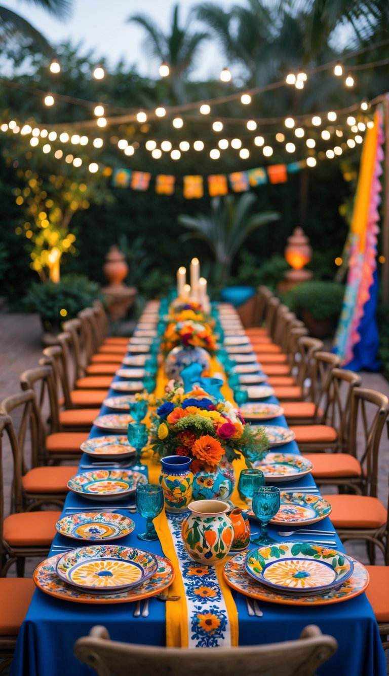 A beautifully decorated wedding table with colorful ceramic plates, vases, flowers, and textiles set outdoors under string lights.