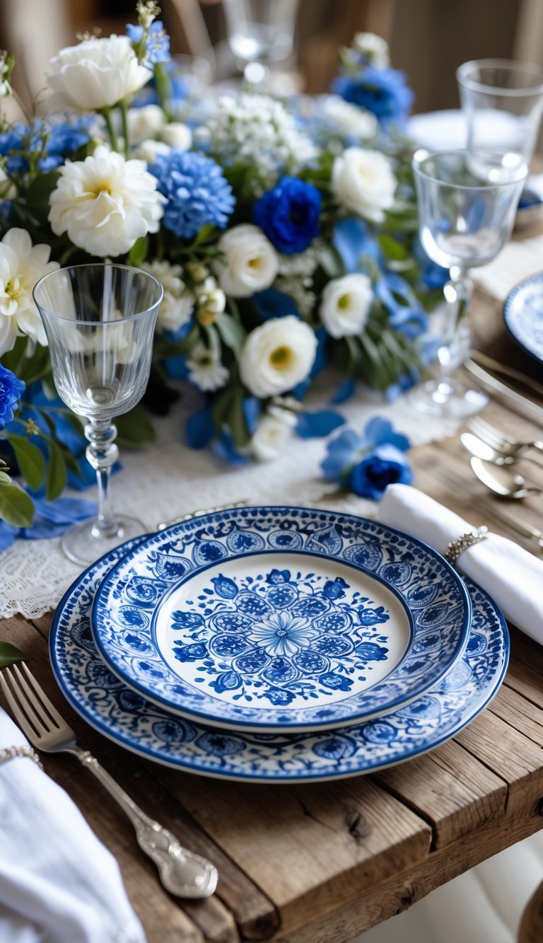 A table set with blue and white ceramic plates, silver cutlery, glassware, and floral decorations.