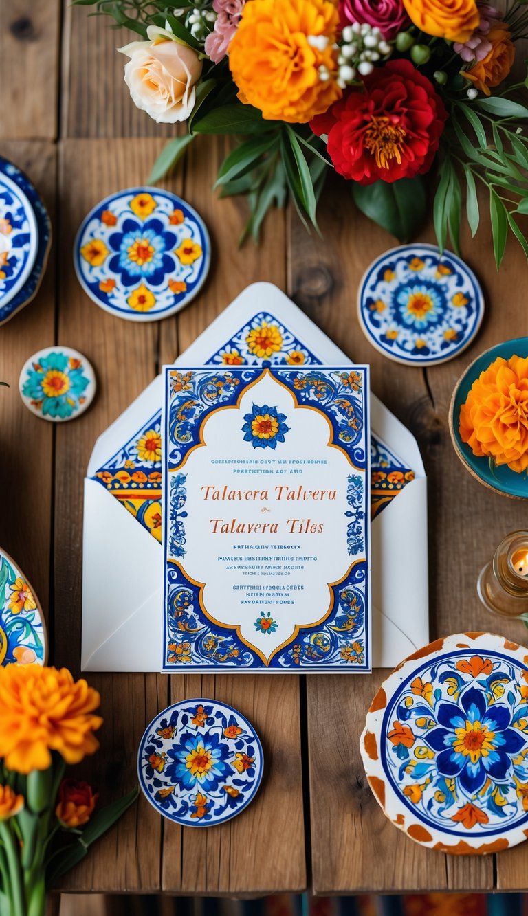 A wedding invitation set with colorful patterned designs surrounded by matching decor and fresh flowers on a wooden surface.