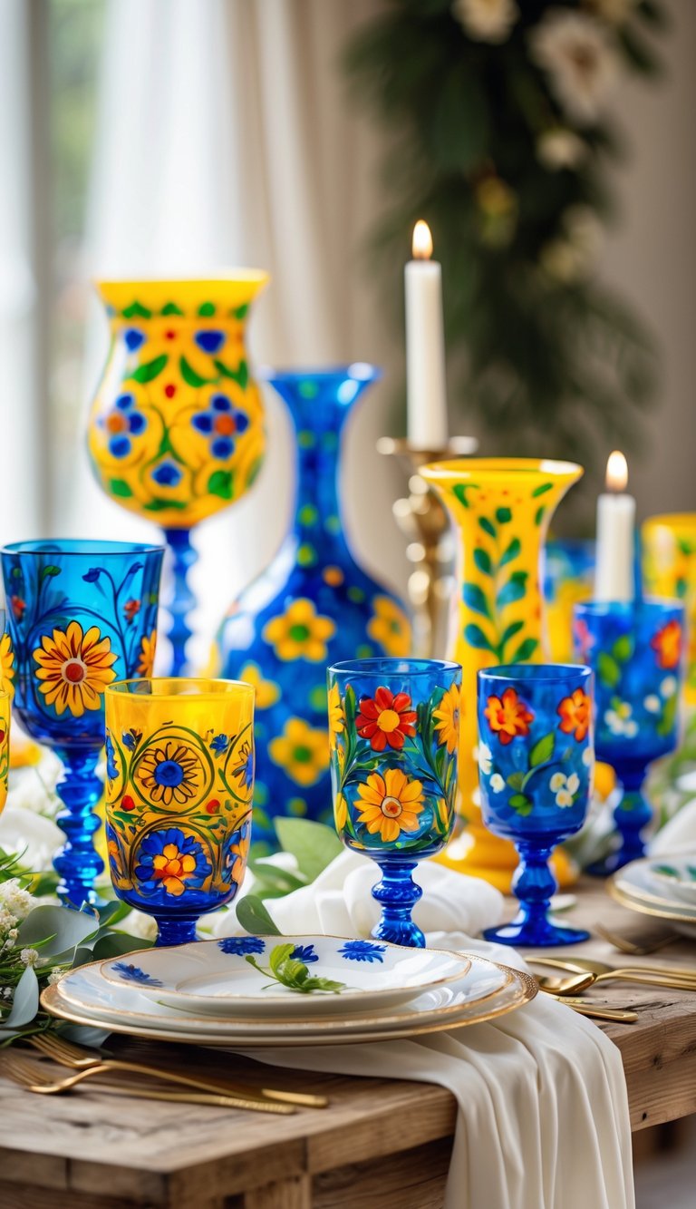 A collection of colorful patterned glassware arranged on a wooden table with greenery and soft lighting.