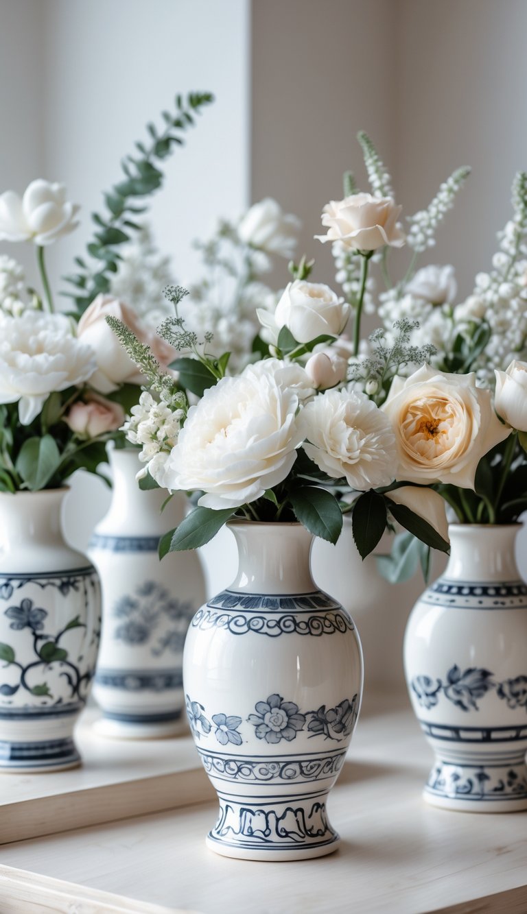 White Talavera ceramic vases with floral arrangements placed on a wooden surface.