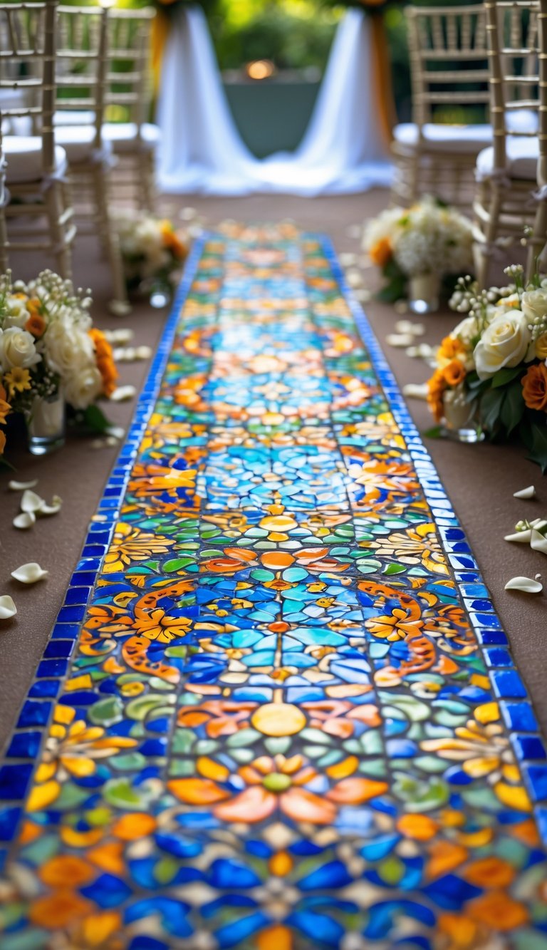 A wedding aisle decorated with colorful Talavera mosaic tile runners and floral arrangements on either side.