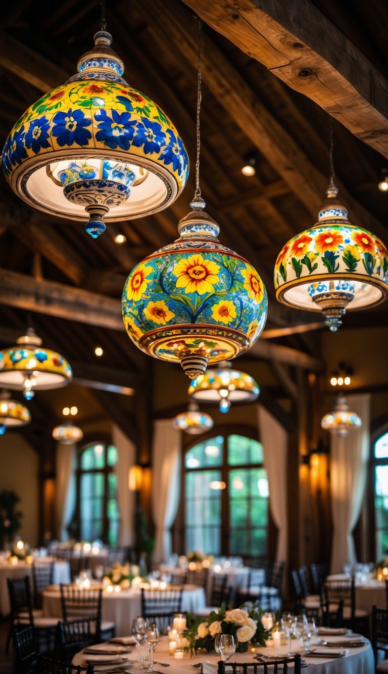 Several colorful hanging tile chandeliers above a decorated wedding reception area with tables and floral centerpieces.