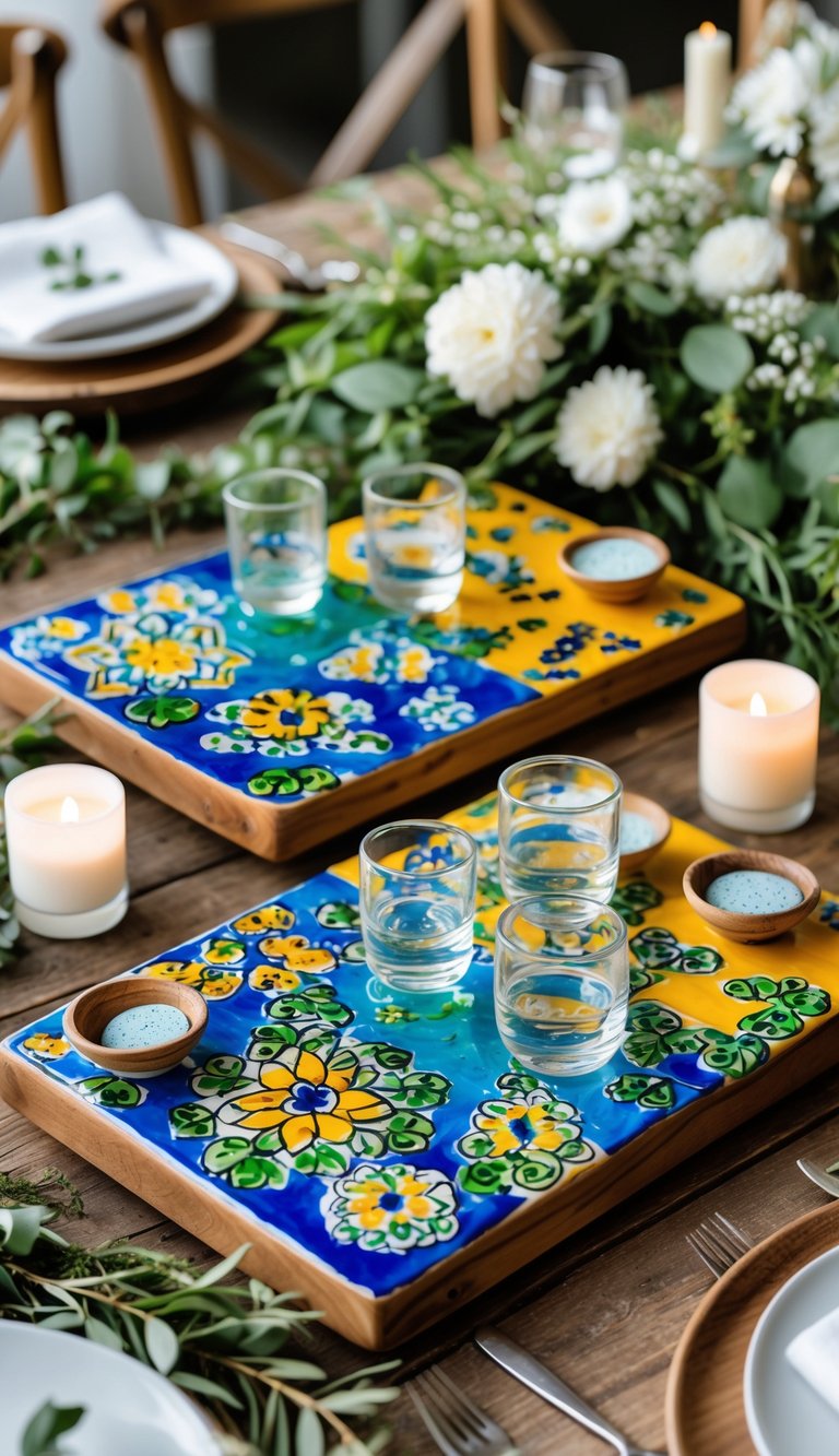 A wooden table with colorful Talavera ceramic boards holding mezcal tasting glasses, decorated with white flowers and greenery.