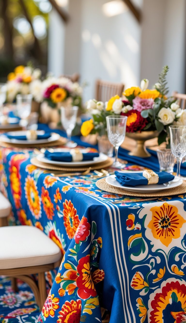 A wedding table set with colorful patterned table linens, floral centerpieces, and glassware in a bright, elegant setting.