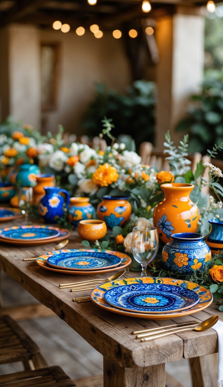 Rustic wooden tables decorated with colorful pottery and floral accents in a wedding setting.