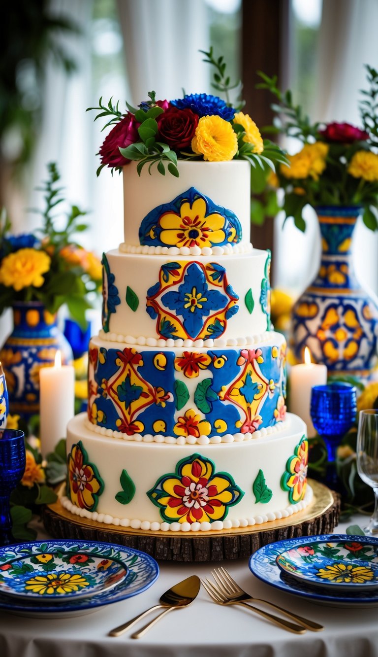 A multi-tiered wedding cake decorated with colorful hand-painted patterns surrounded by matching ceramic vases and flowers on a wedding reception table.
