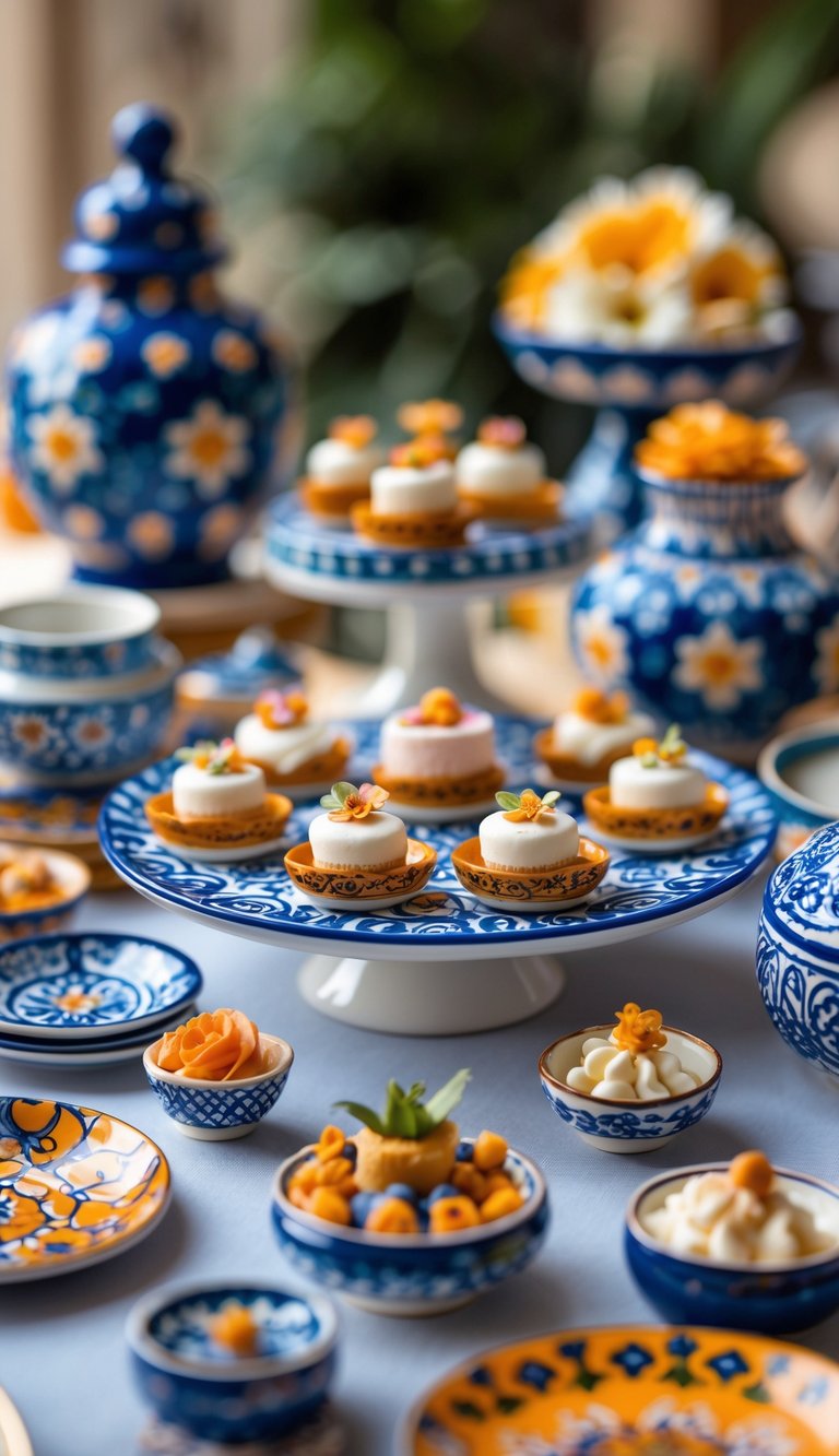 Miniature dessert display arranged with colorful ceramic dishes and decorative elements on a table.