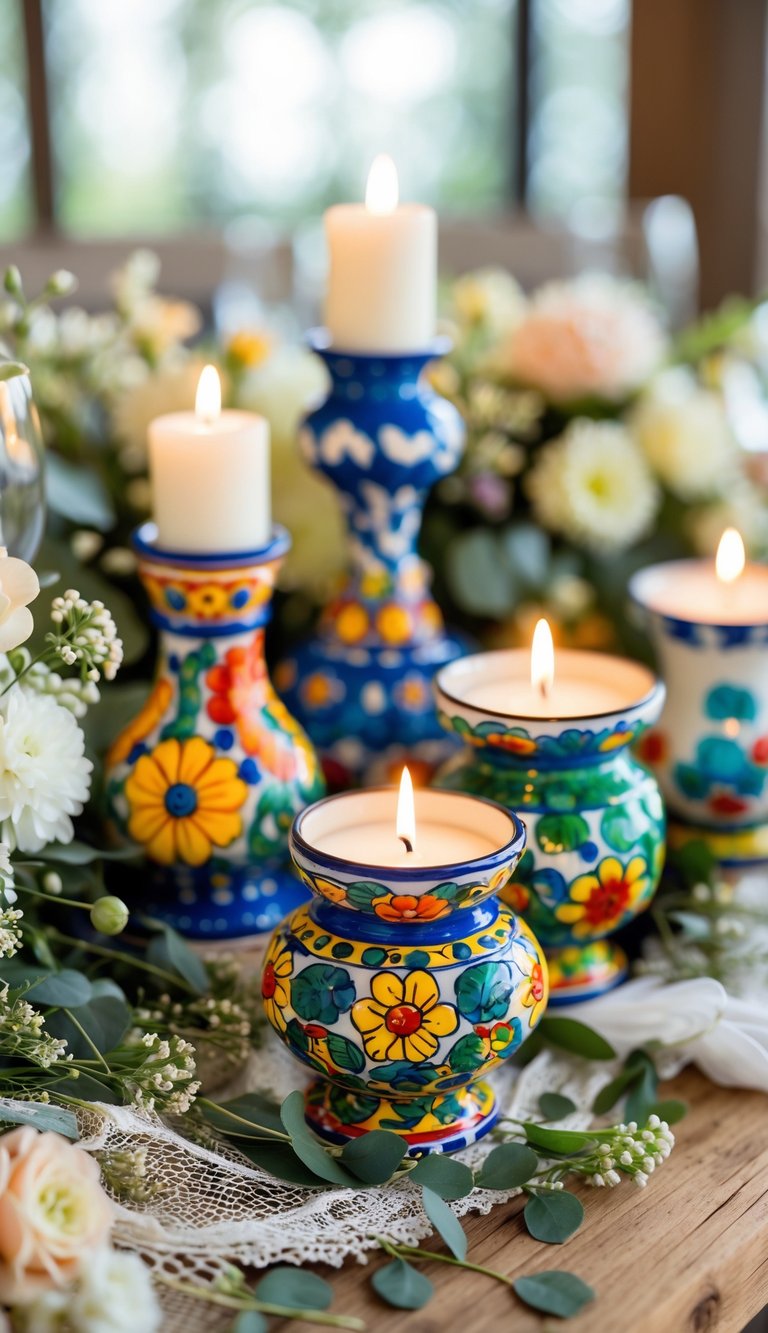 A collection of colorful ceramic candle holders with lit white candles on a wooden table surrounded by flowers and greenery.