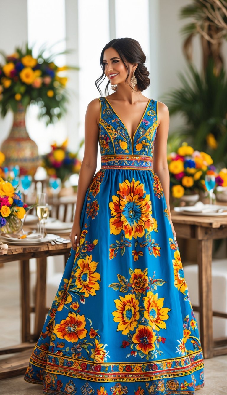 Bridesmaids' dresses with colorful patterned fabric displayed in a bright wedding setting with floral decorations and pottery.