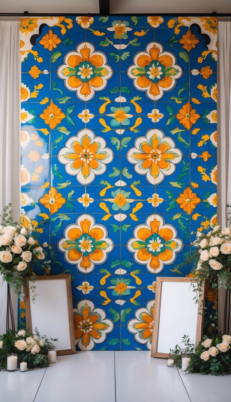 A wedding photo booth backdrop decorated with colorful Talavera tiles and floral arrangements.