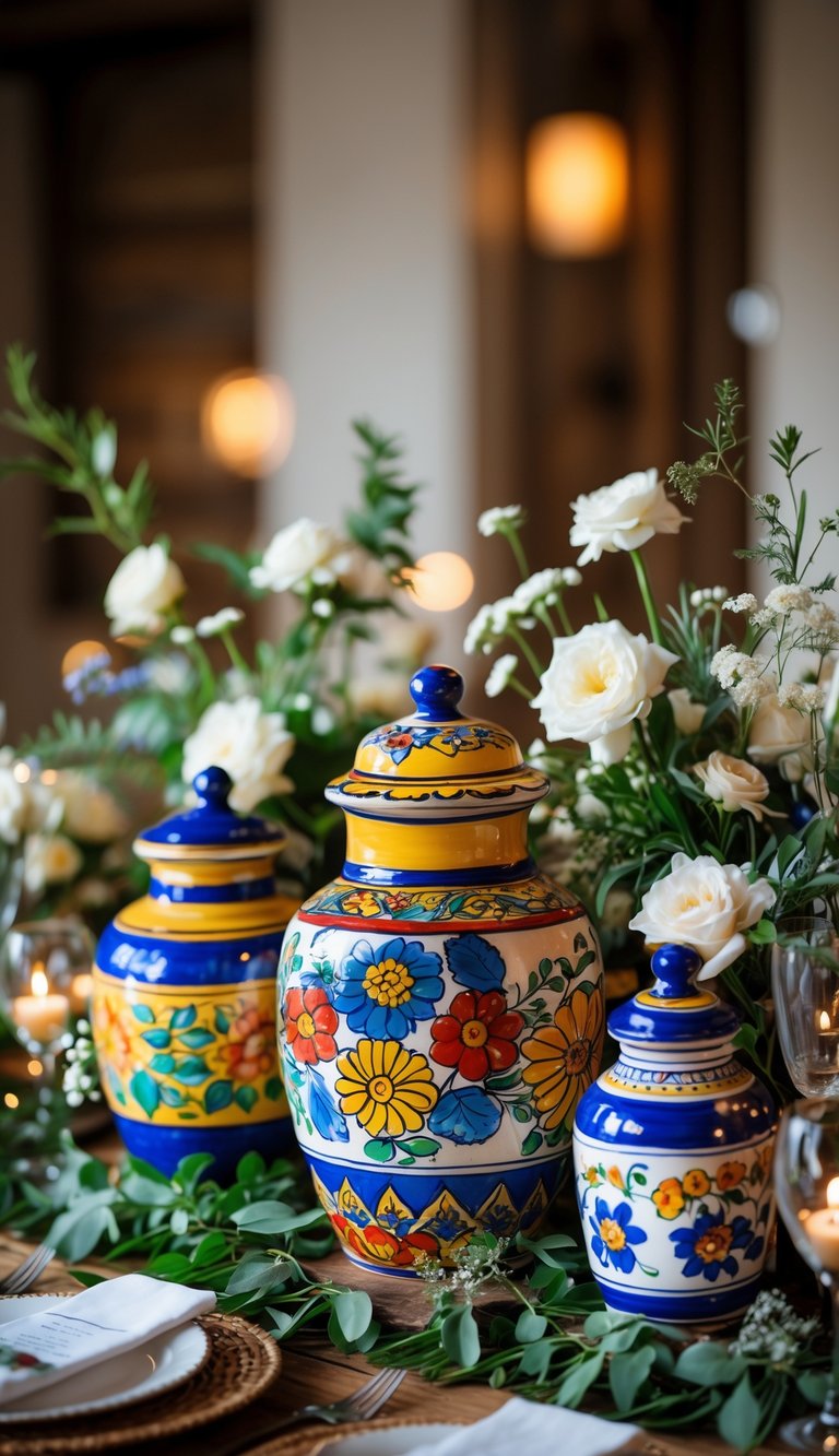 A collection of colorful ceramic jars arranged as centerpieces on a wooden table with flowers and greenery.