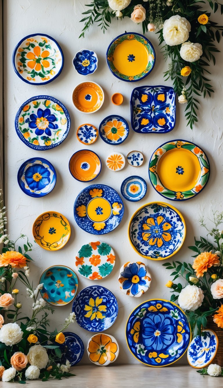 A bright wall decorated with colorful Talavera ceramic tiles and plates arranged as wedding decor.