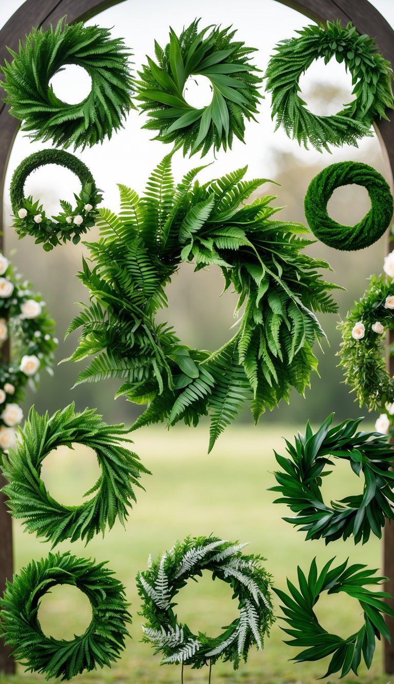 Thirteen green fern wreaths arranged for wedding ceremony arches with natural lighting and a blurred outdoor background.