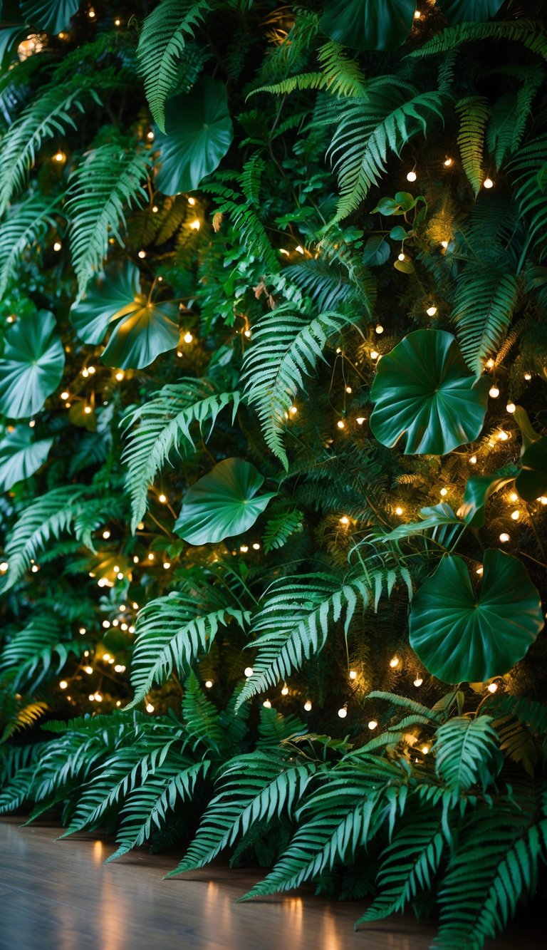 A dense backdrop of green ferns with small twinkling lights woven throughout.