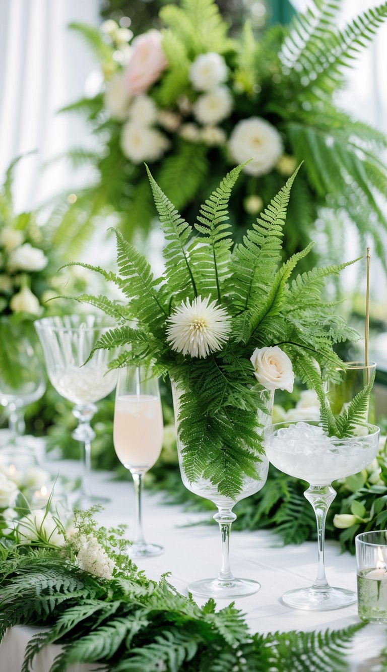Cocktail arrangements decorated with green plumosa ferns and flowers on a wedding table.