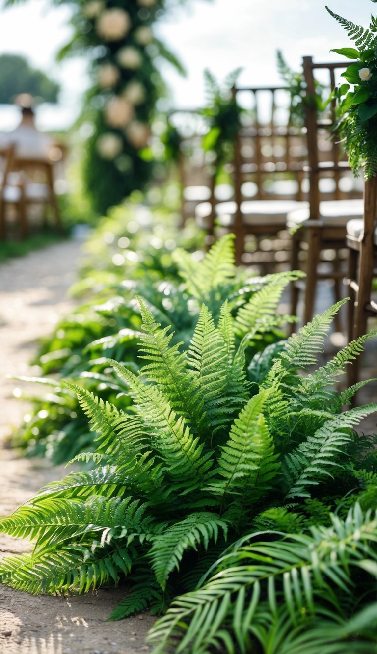 Clusters of green sword ferns arranged along an outdoor aisle for wedding decoration.
