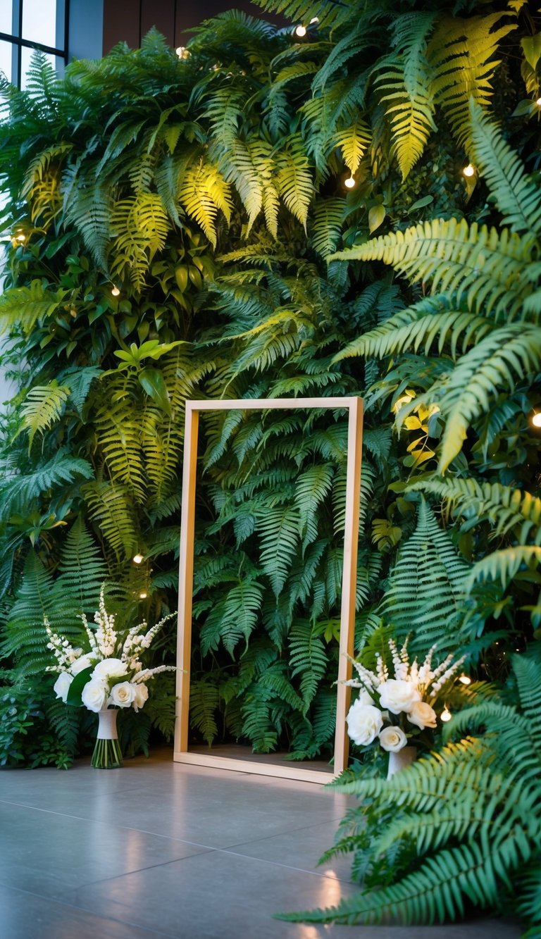 A wedding photo booth framed by dense green ferns with a wooden frame for guests to take pictures.
