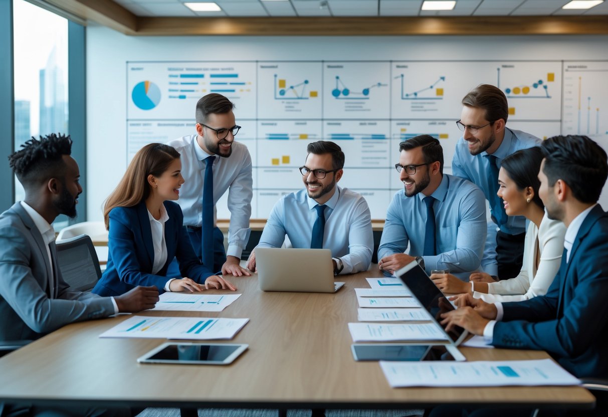 A group of business professionals from HR, finance, marketing, and IT collaborating around a conference table in an office.