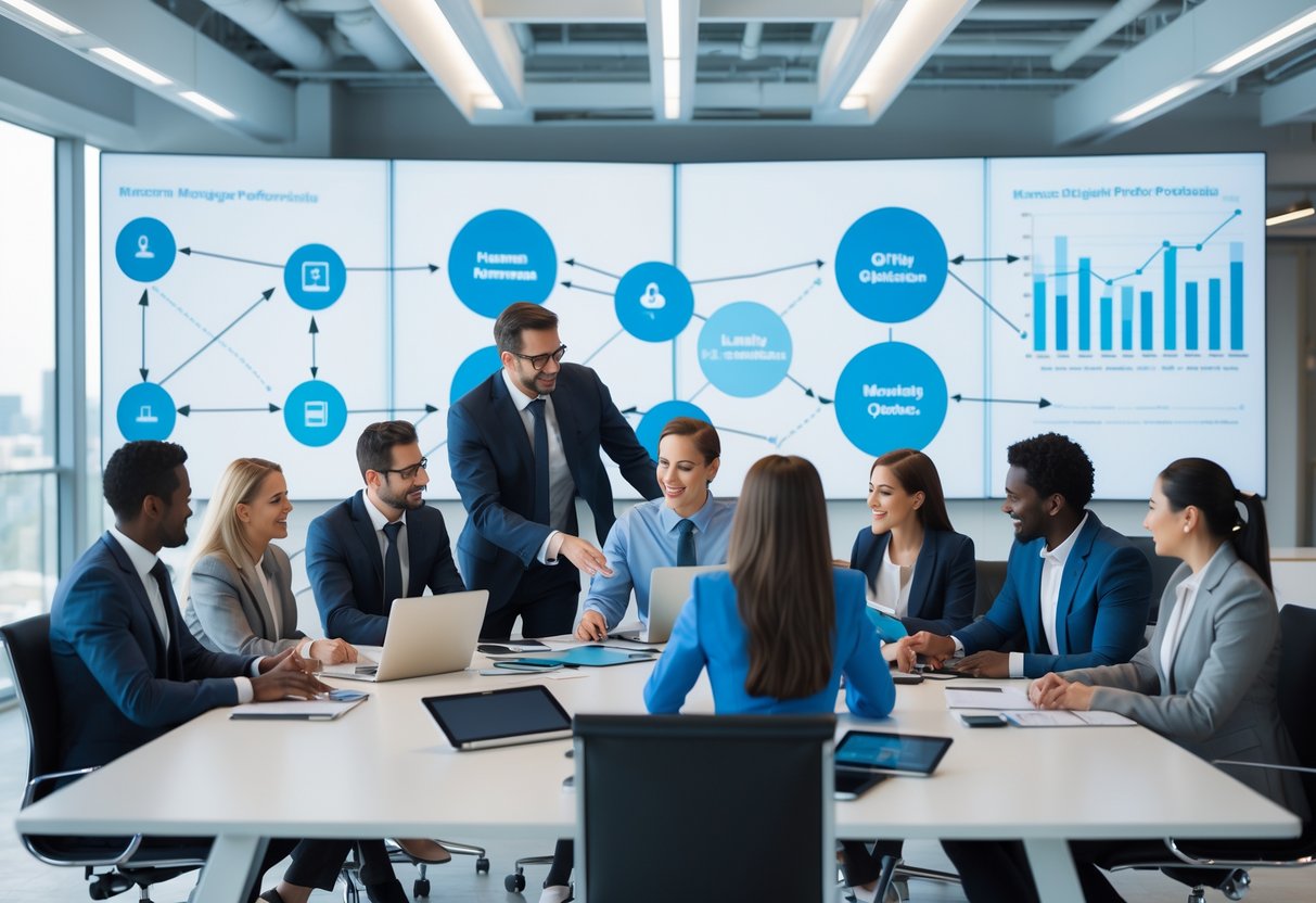 A diverse group of business professionals from different departments collaborating around a conference table in a modern office.