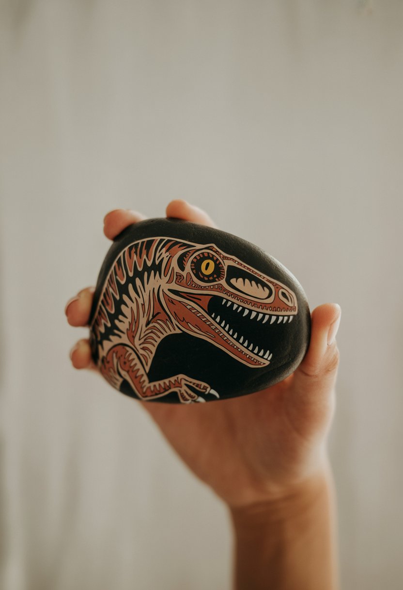 A close-up view of a single painted rock featuring a detailed velociraptor design on a plain background.