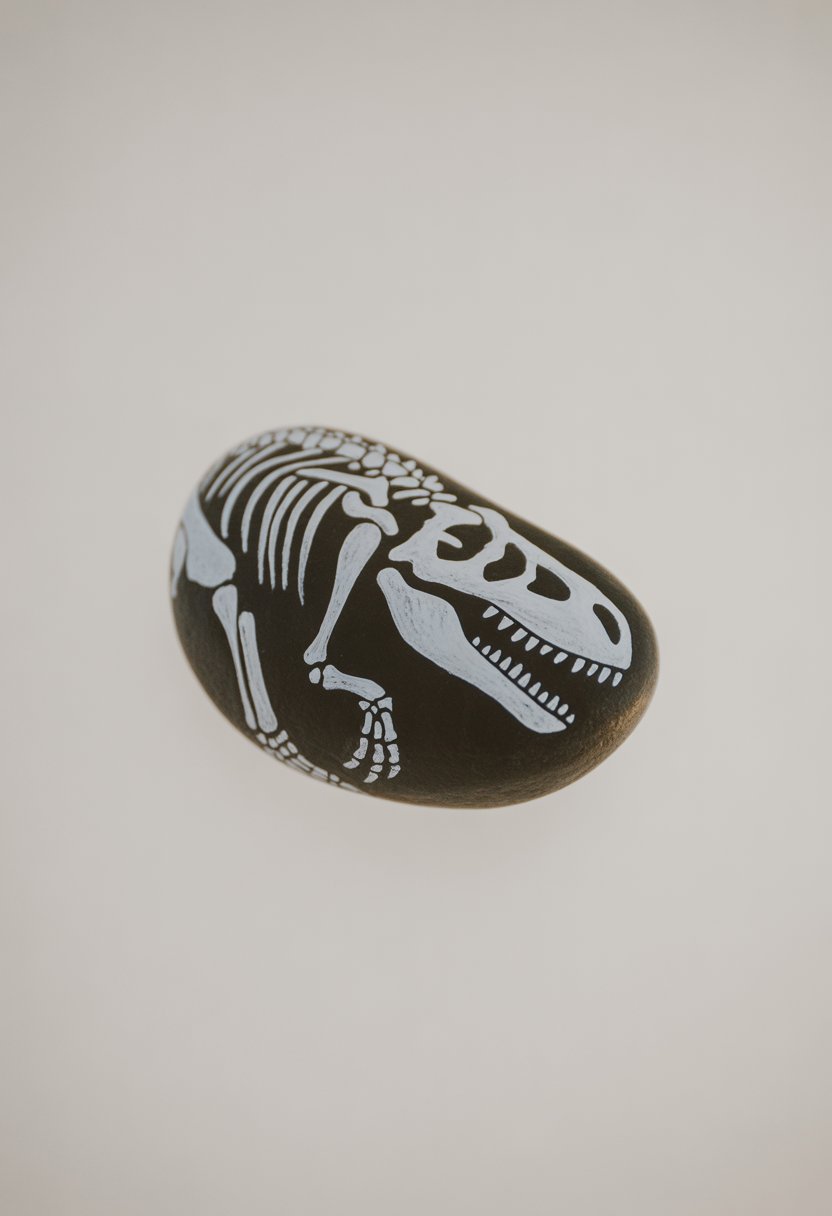 A single smooth river rock painted with a detailed dinosaur skeleton design on a plain background.