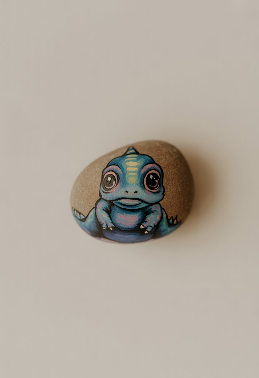 A single smooth river rock painted with a cute baby dinosaur with big eyes, shown against a plain background.