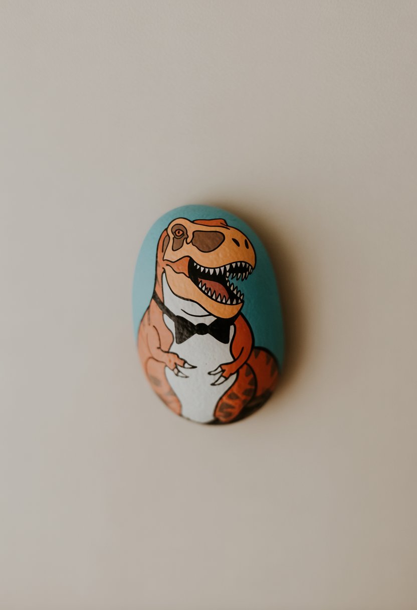 A close-up image of a single painted rock featuring a T-Rex wearing a bowtie on a plain background.