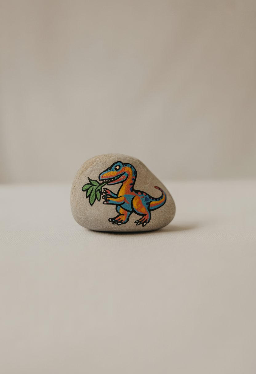 A single smooth river rock painted with a colorful cartoon dinosaur eating leaves on a neutral background.