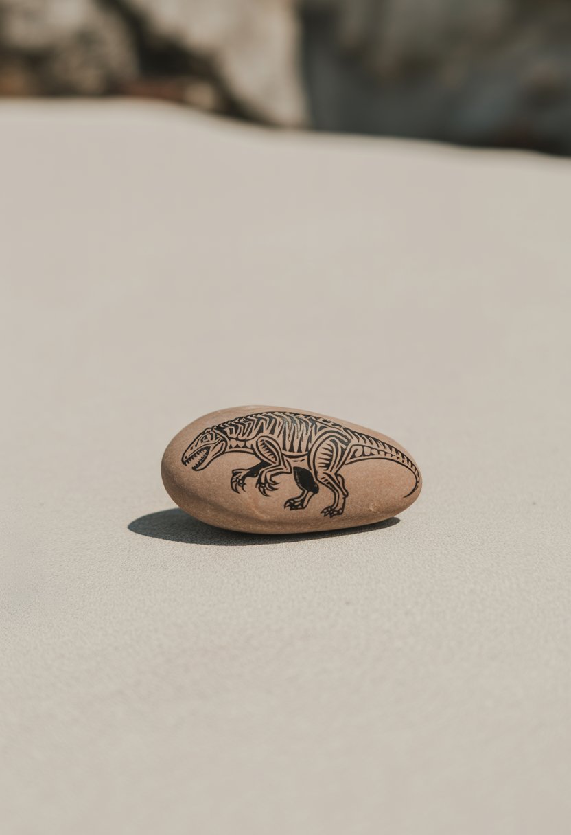 A single smooth river rock painted with a detailed dinosaur design featuring tribal tattoo patterns, photographed against a plain background.