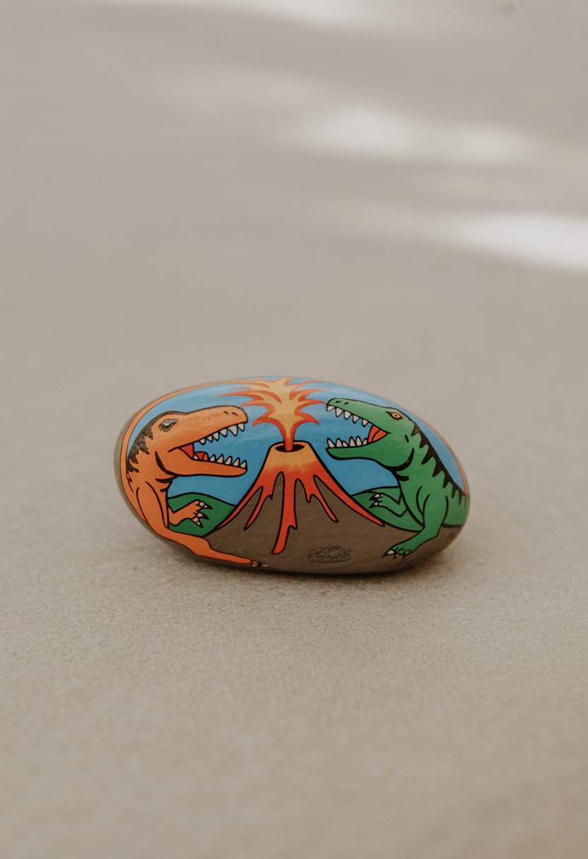 A close-up of a single smooth river rock painted with a dinosaur and volcano design.