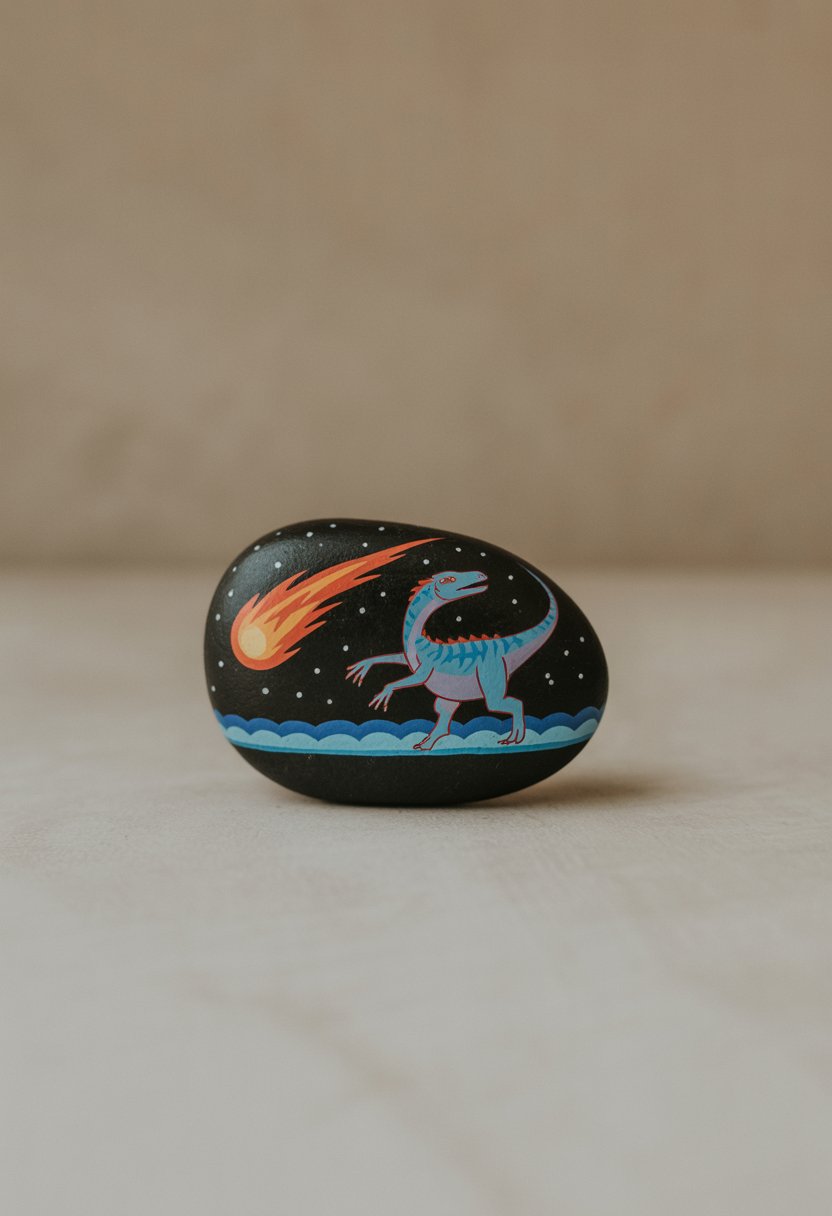 A smooth river rock painted with a dinosaur chasing a comet on a plain background.