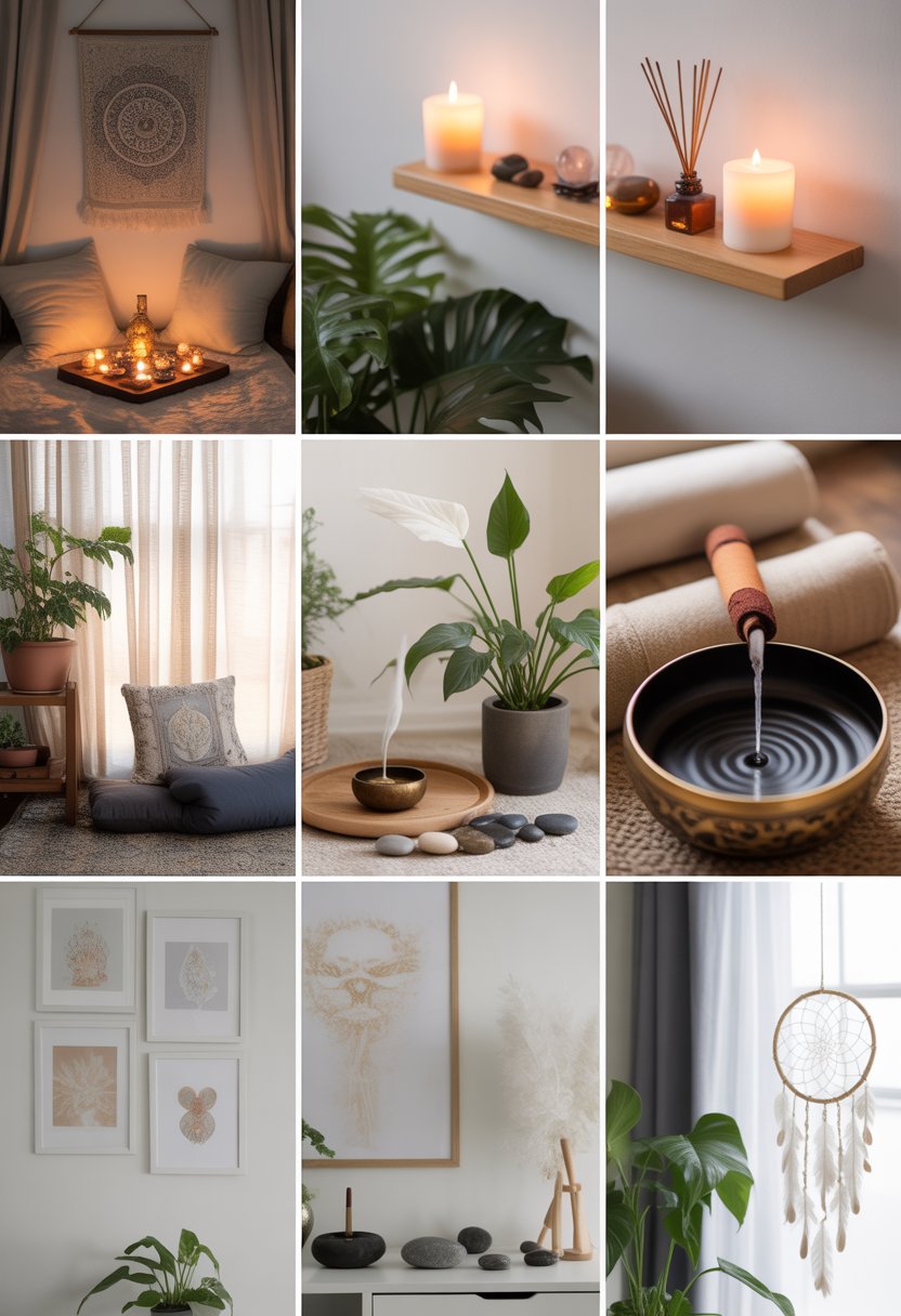 A peaceful room featuring various spiritual decor items like cushions, crystals, candles, plants, a water fountain, a mandala tapestry, and a dreamcatcher arranged to create a calm atmosphere.