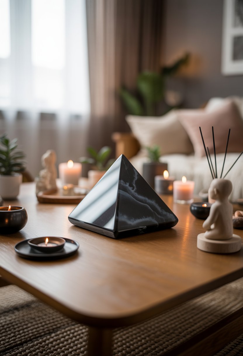 A Black Obsidian crystal pyramid on a wooden table in a calm spiritual room with plants, candles, and cozy seating.