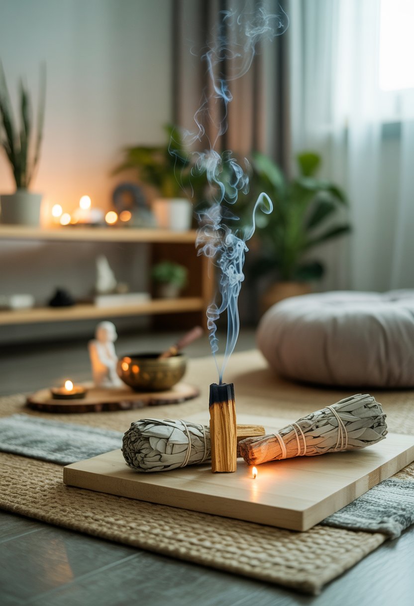 A peaceful spiritual room with burning sage and palo santo incense, a meditation cushion, crystals, candles, and natural decor.