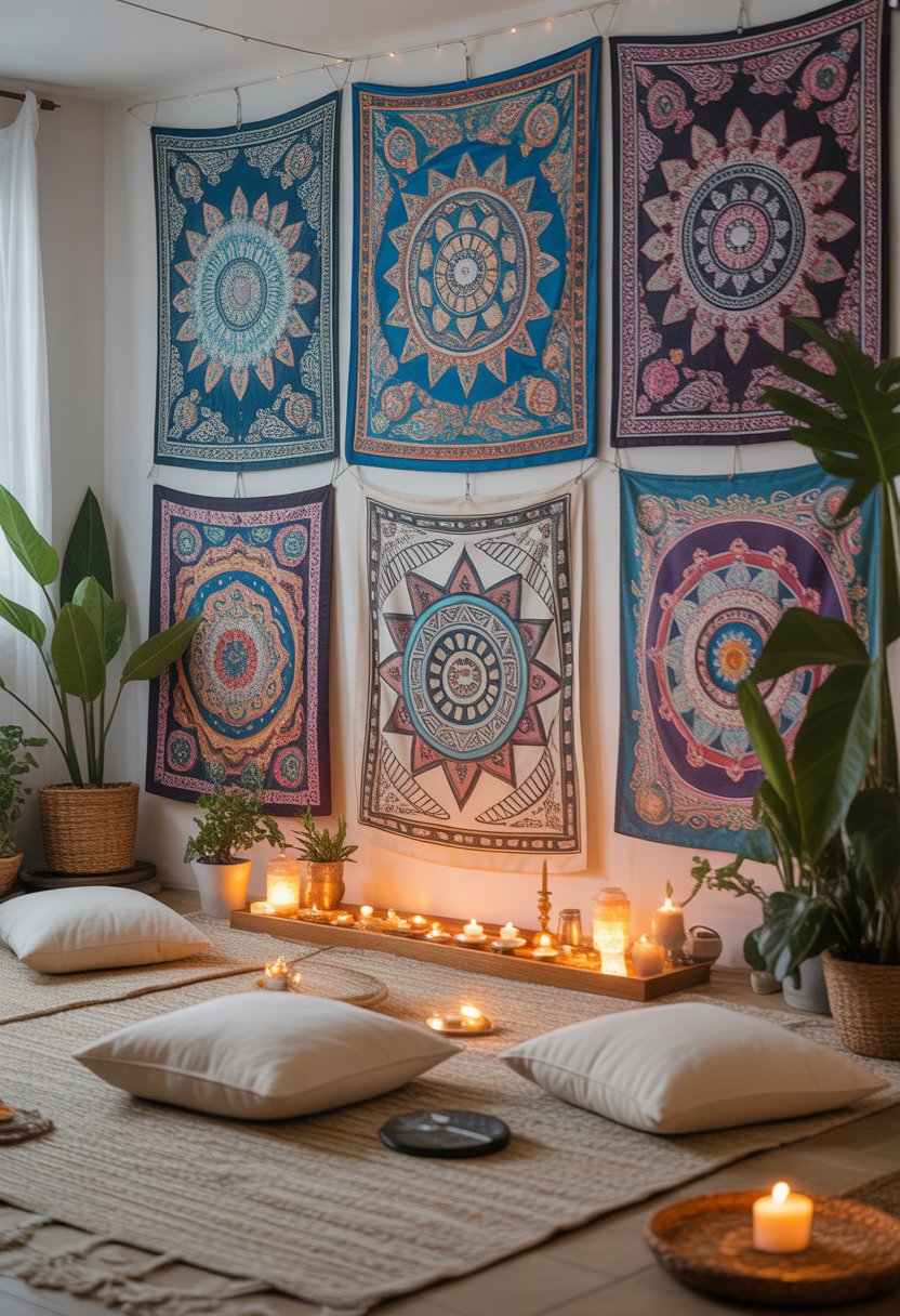 A peaceful room with colorful tapestries featuring mandala and sacred geometry patterns hanging on the walls, surrounded by plants, candles, and cushions.