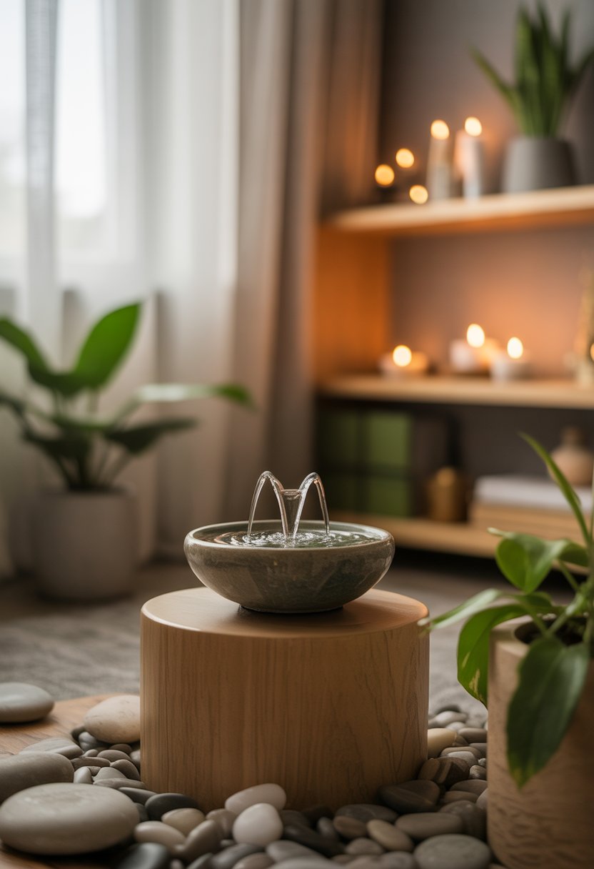 A small water fountain flowing gently in a peaceful spiritual room with plants, stones, and soft natural light.