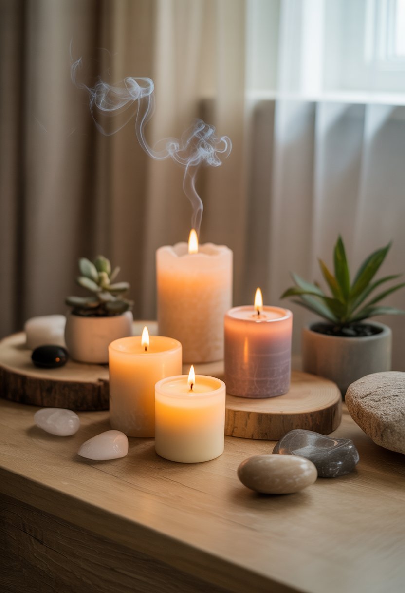 A peaceful room with lit light soy and beeswax candles surrounded by natural decor items like stones, plants, and crystals.