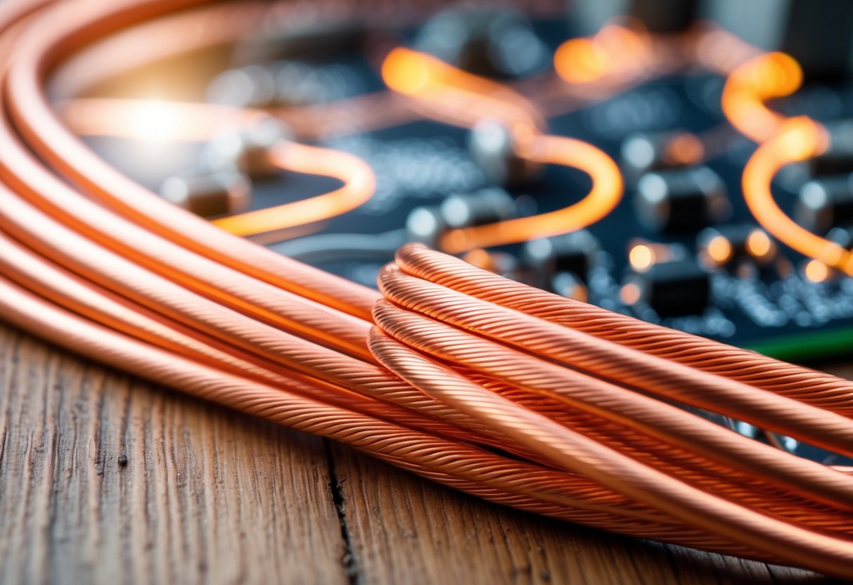 Close-up of shiny copper wire coils on a wooden surface with a blurred electrical circuit board in the background.