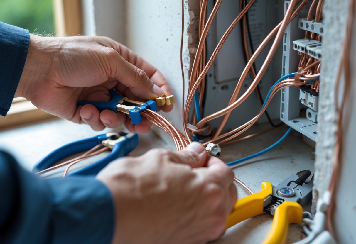 Close-up of an electrician's hands connecting solid and stranded copper wires inside an electrical junction box.